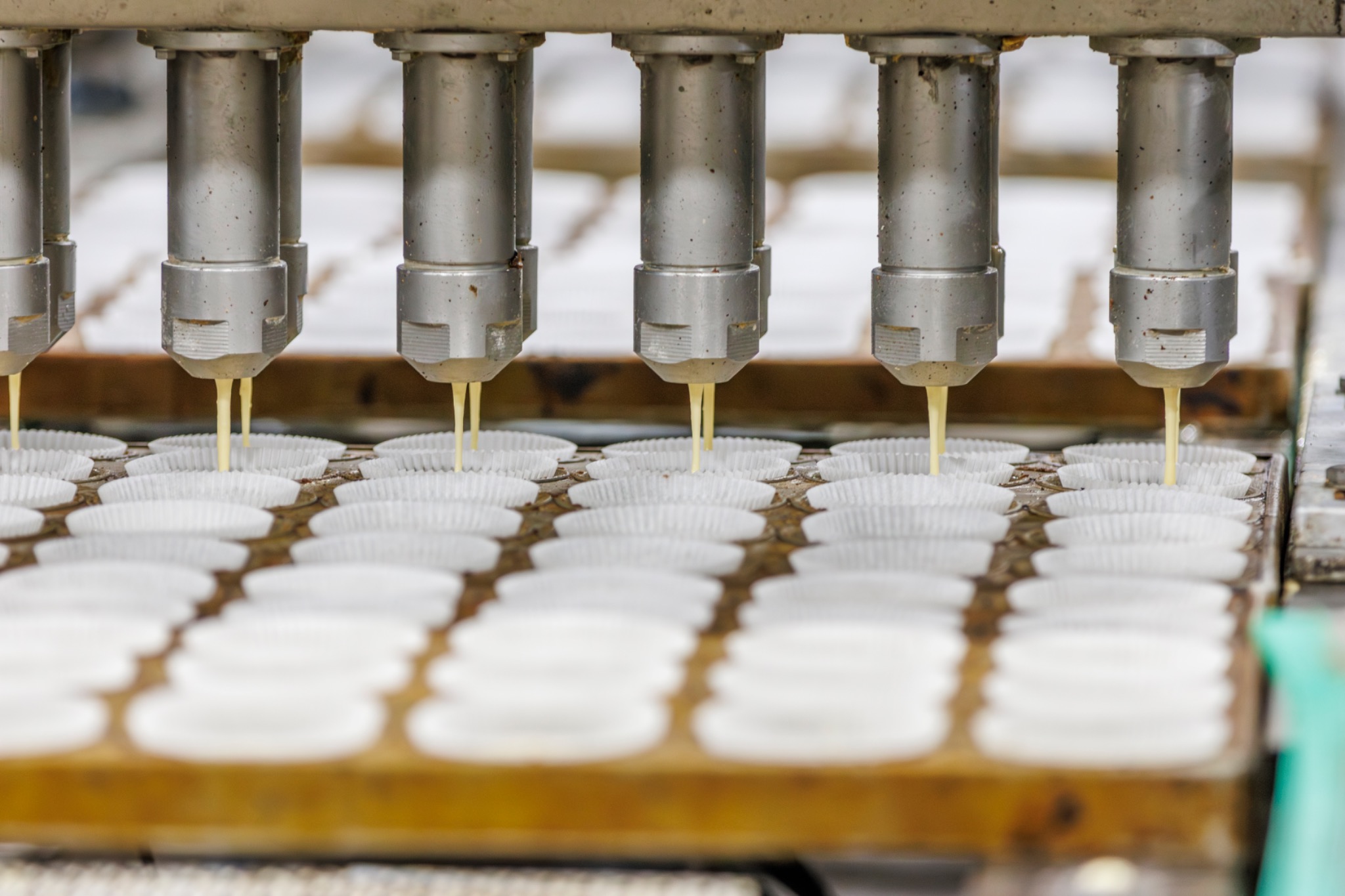 Máquina dosificando mezcla en moldes de papel colocados sobre una bandeja